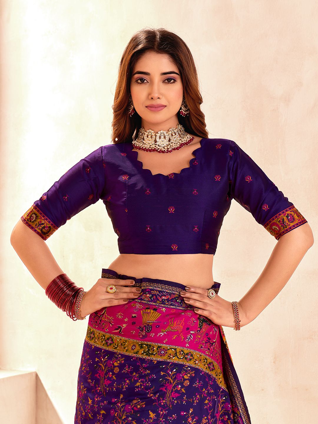 Imbrication Blue Nylon Dola Pashmina Saree With Exquisite Blouse Piece