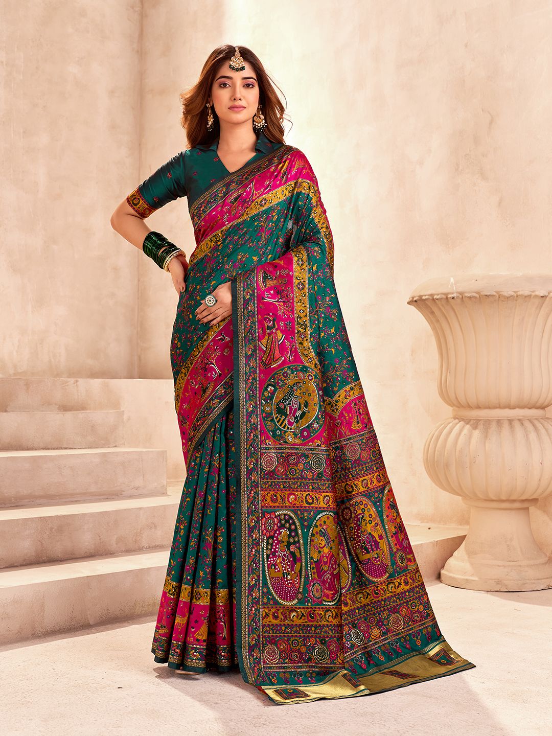 Zephyr Dark Green Nylon Dola Pashmina Saree With Scrupulous Blouse Piece