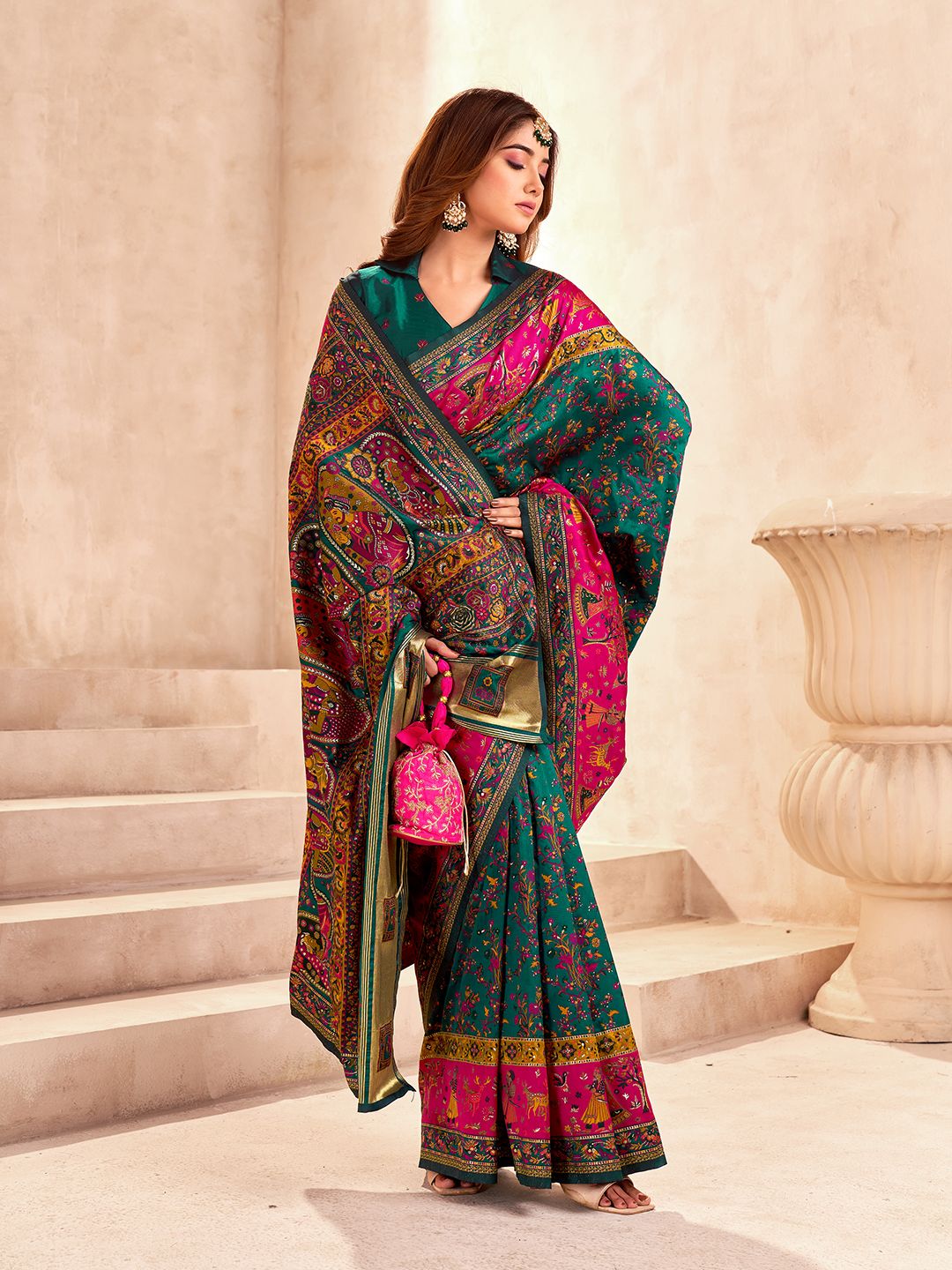 Zephyr Dark Green Nylon Dola Pashmina Saree With Scrupulous Blouse Piece