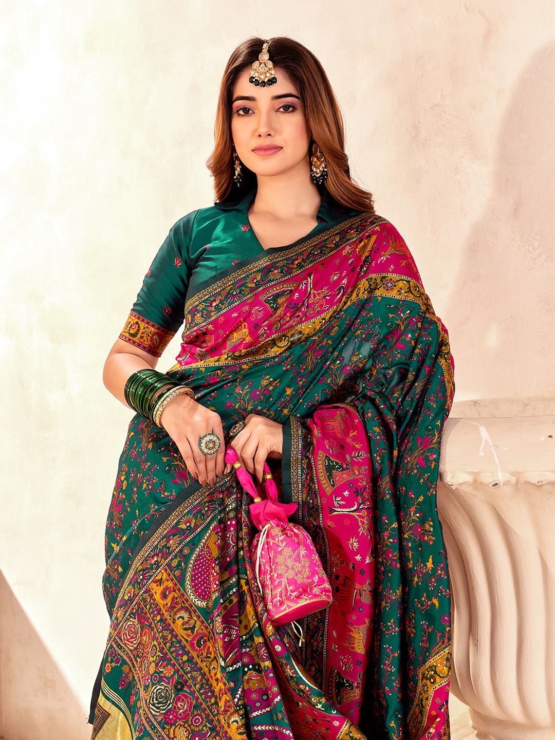 Zephyr Dark Green Nylon Dola Pashmina Saree With Scrupulous Blouse Piece