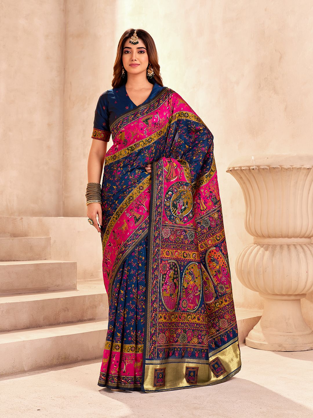 Glittering Navy Blue Nylon Dola Pashmina Saree With Classy Blouse Piece
