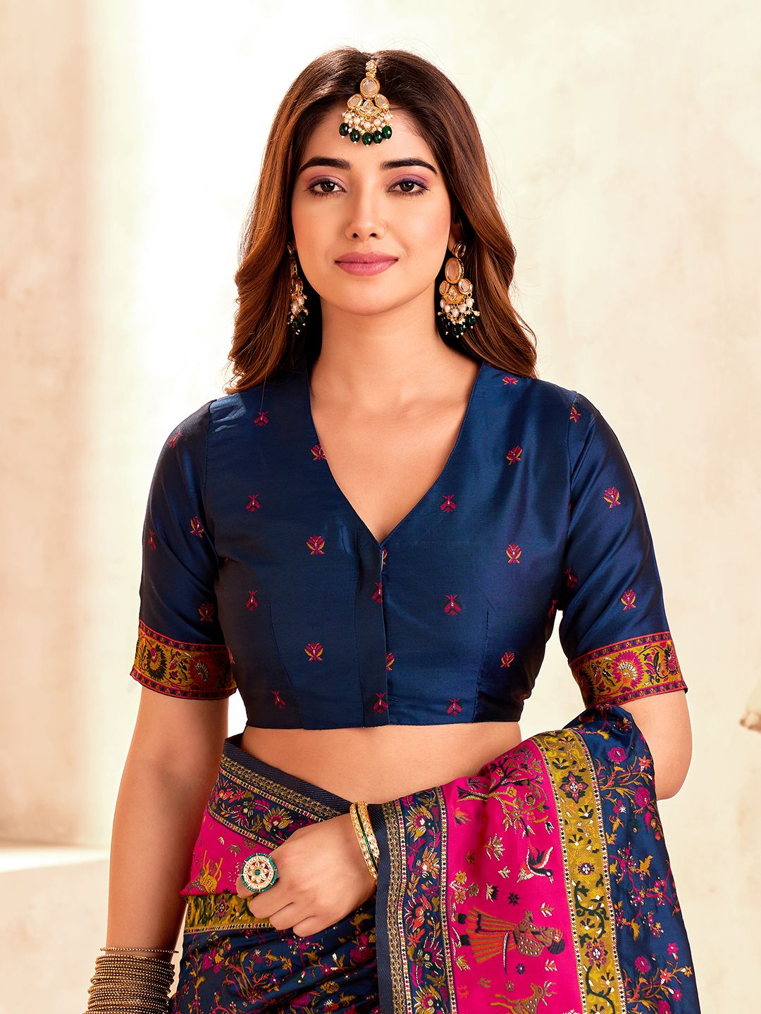 Glittering Navy Blue Nylon Dola Pashmina Saree With Classy Blouse Piece