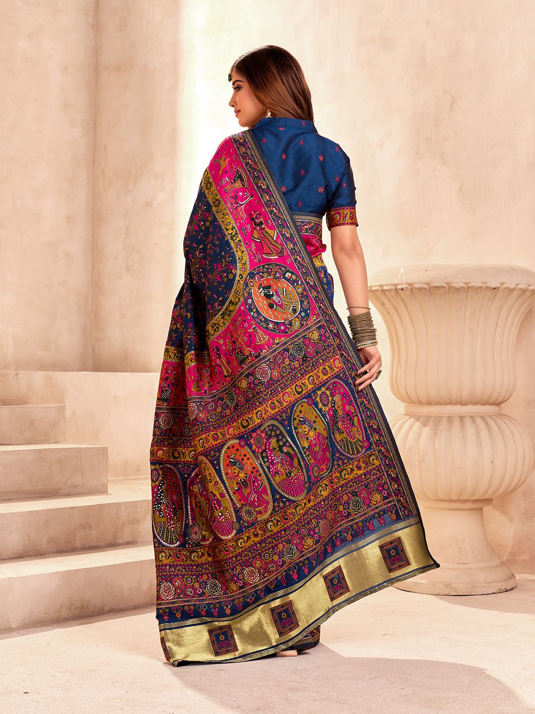 Glittering Navy Blue Nylon Dola Pashmina Saree With Classy Blouse Piece