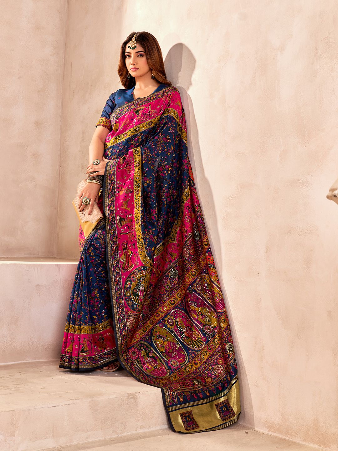 Glittering Navy Blue Nylon Dola Pashmina Saree With Classy Blouse Piece