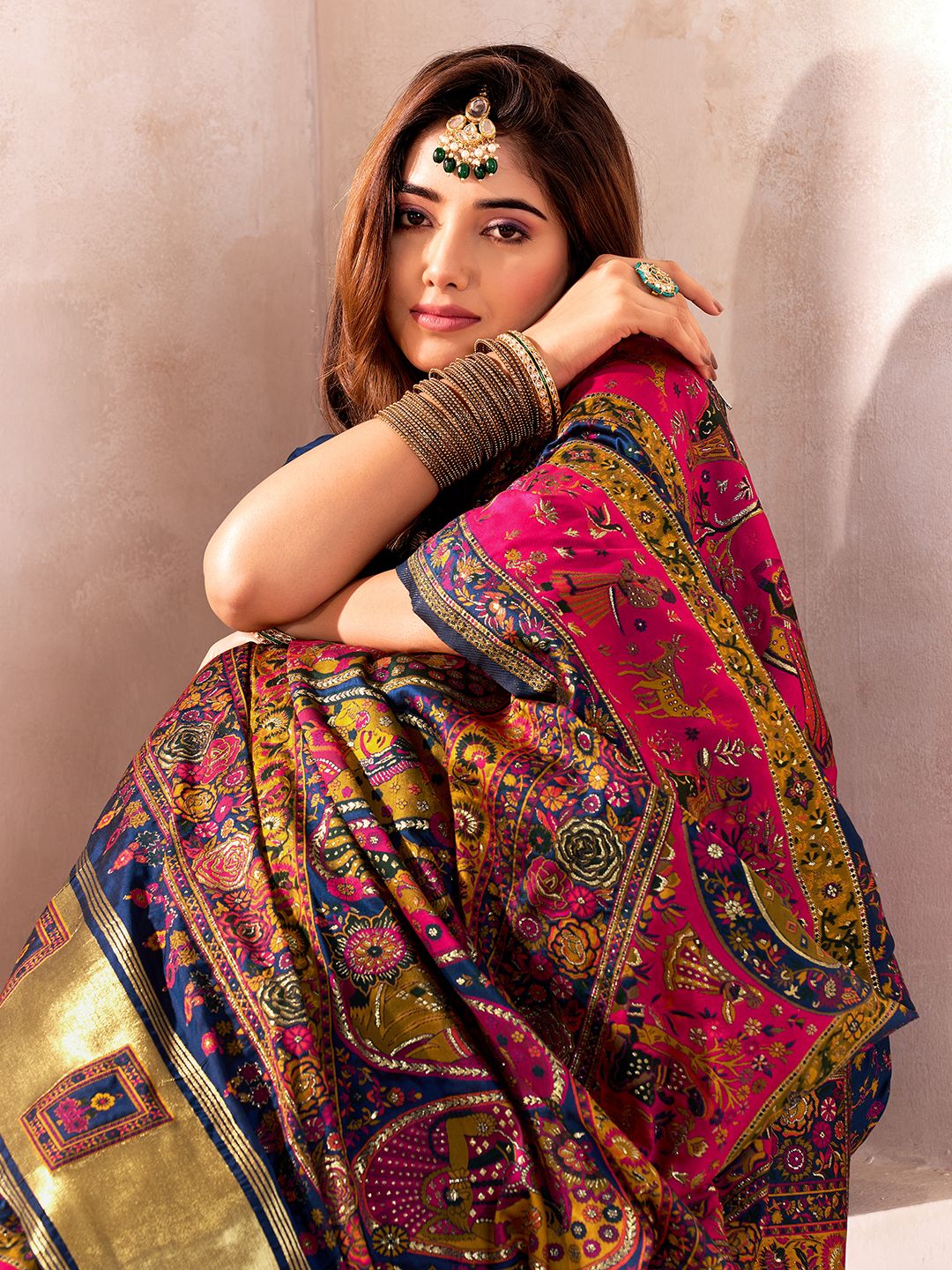 Glittering Navy Blue Nylon Dola Pashmina Saree With Classy Blouse Piece