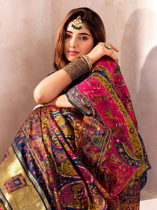 Glittering Navy Blue Nylon Dola Pashmina Saree With Classy Blouse Piece