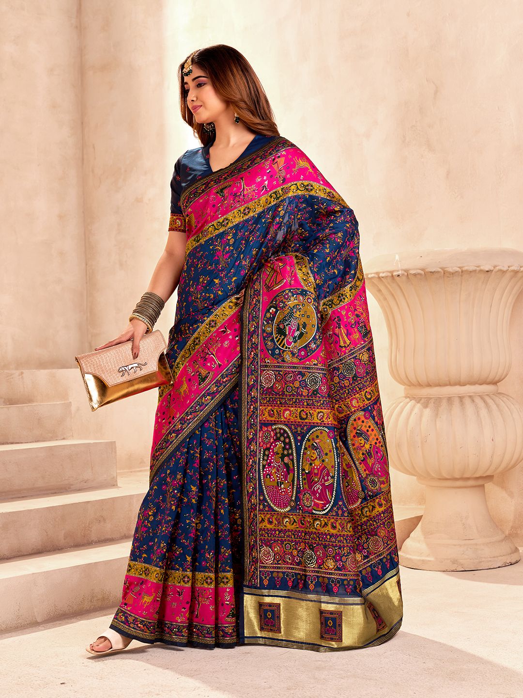 Glittering Navy Blue Nylon Dola Pashmina Saree With Classy Blouse Piece