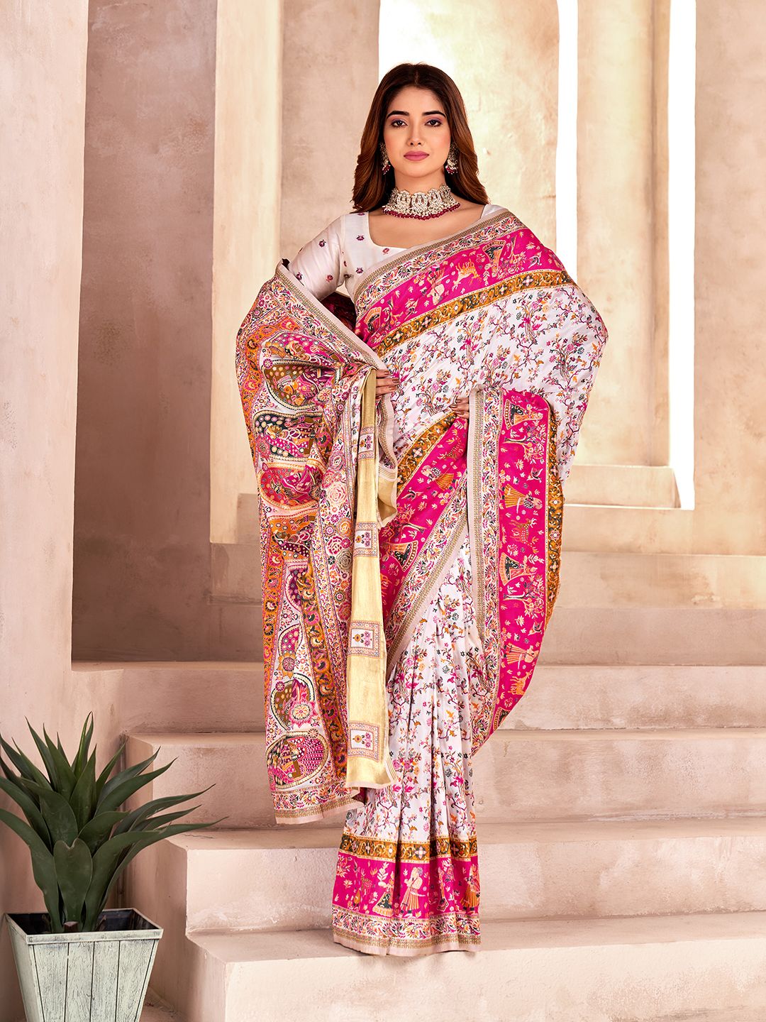 Glamorous Off White Nylon Dola Pashmina Saree With Radiant Blouse Piece