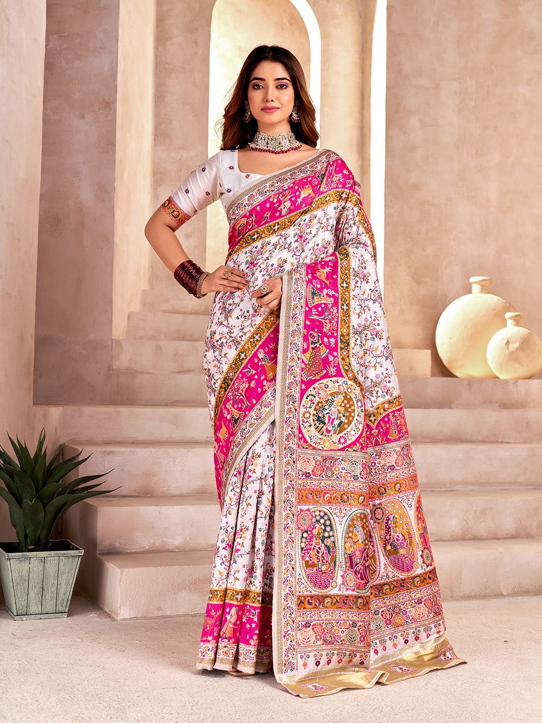 Glamorous Off White Nylon Dola Pashmina Saree With Radiant Blouse Piece