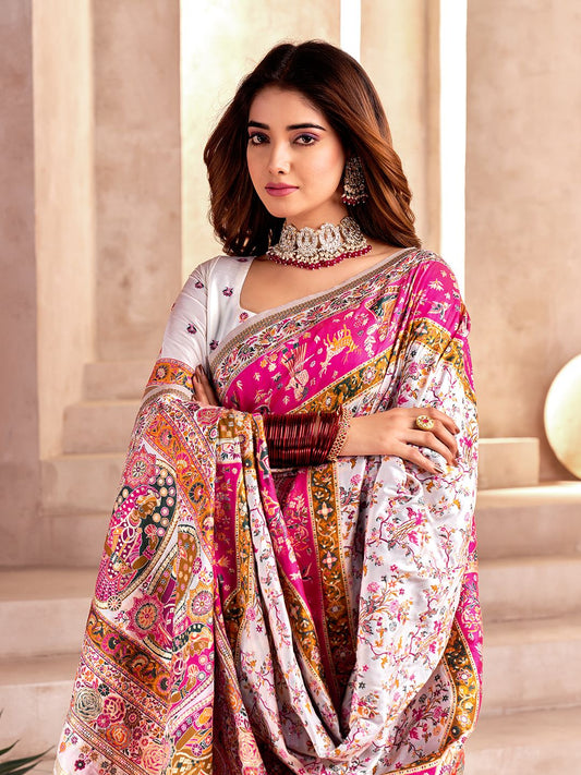 Glamorous Off White Nylon Dola Pashmina Saree With Radiant Blouse Piece