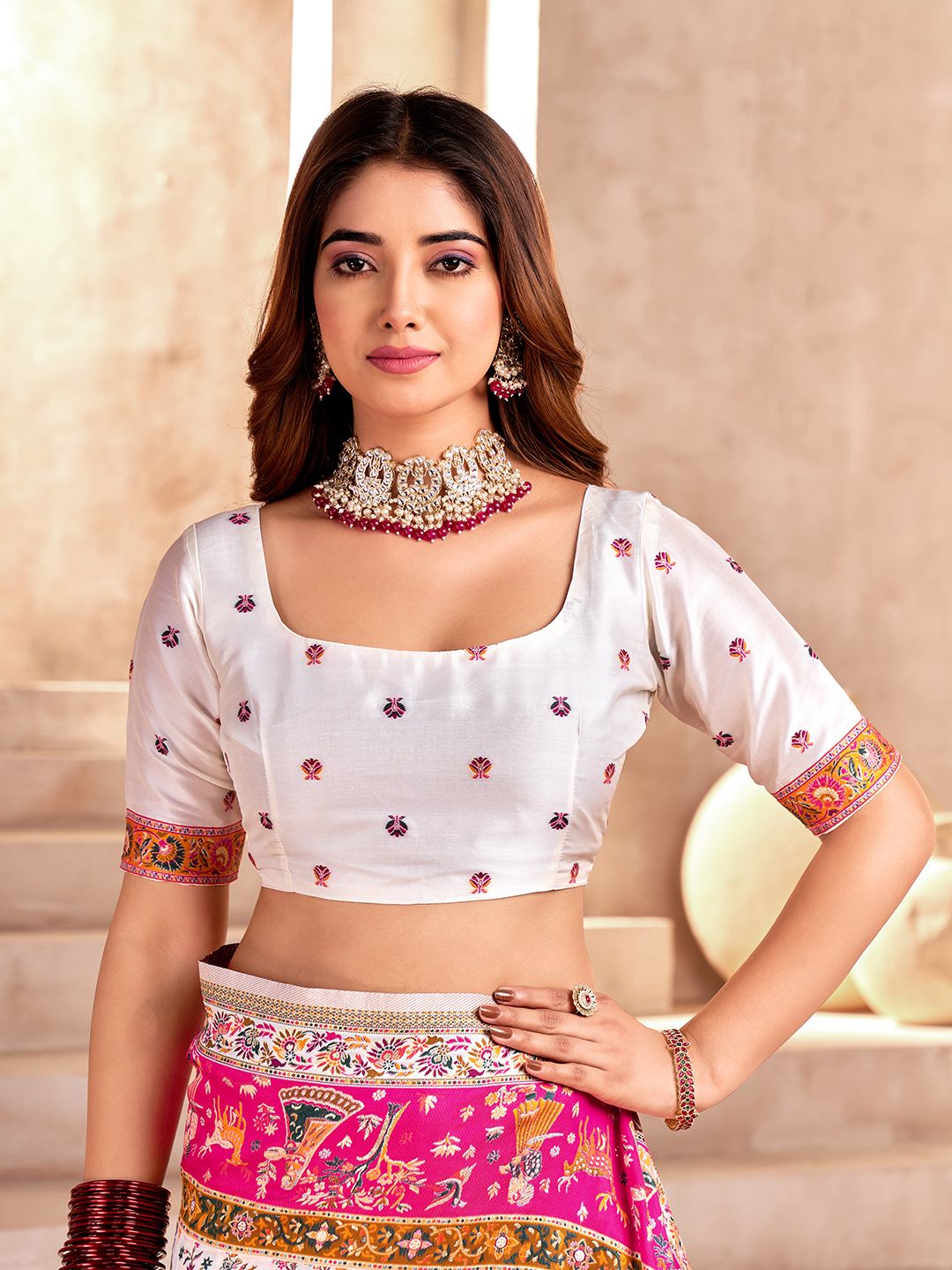 Glamorous Off White Nylon Dola Pashmina Saree With Radiant Blouse Piece