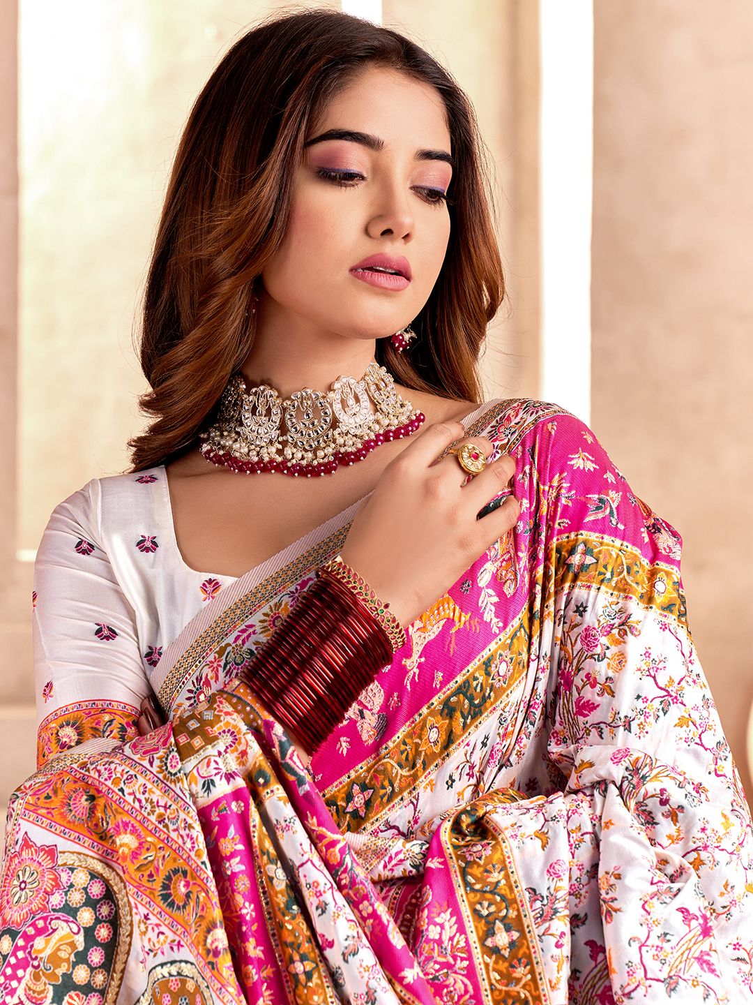 Glamorous Off White Nylon Dola Pashmina Saree With Radiant Blouse Piece