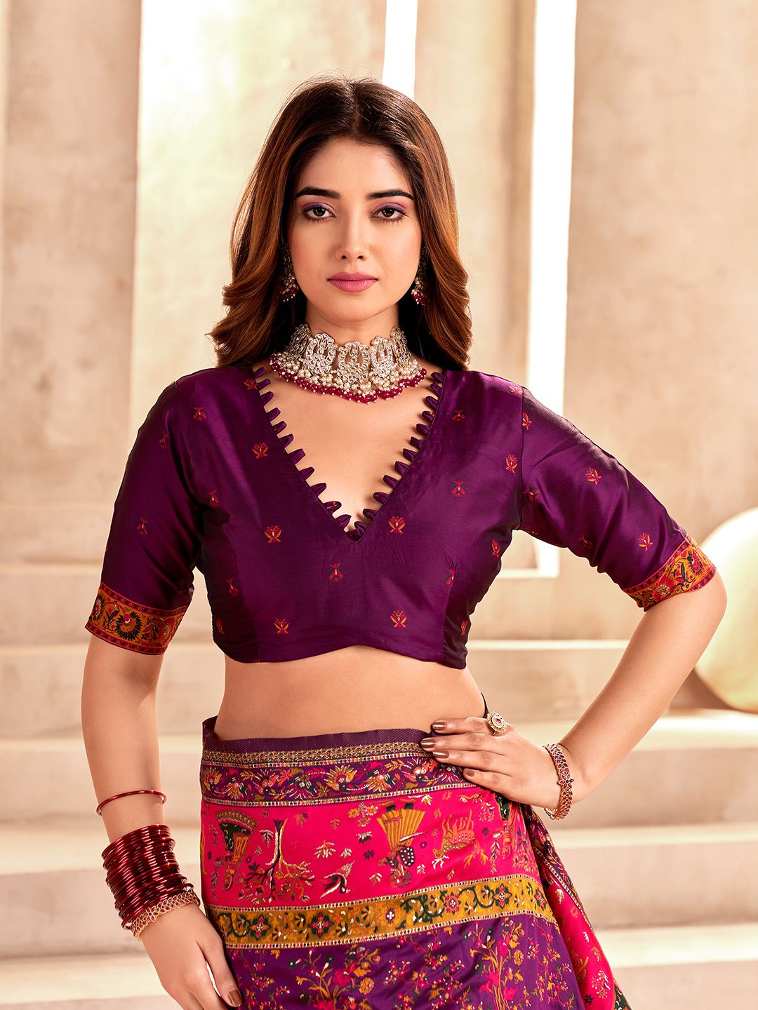 Snazzy Purple Nylon Dola Pashmina Saree With Resplendent Blouse Piece