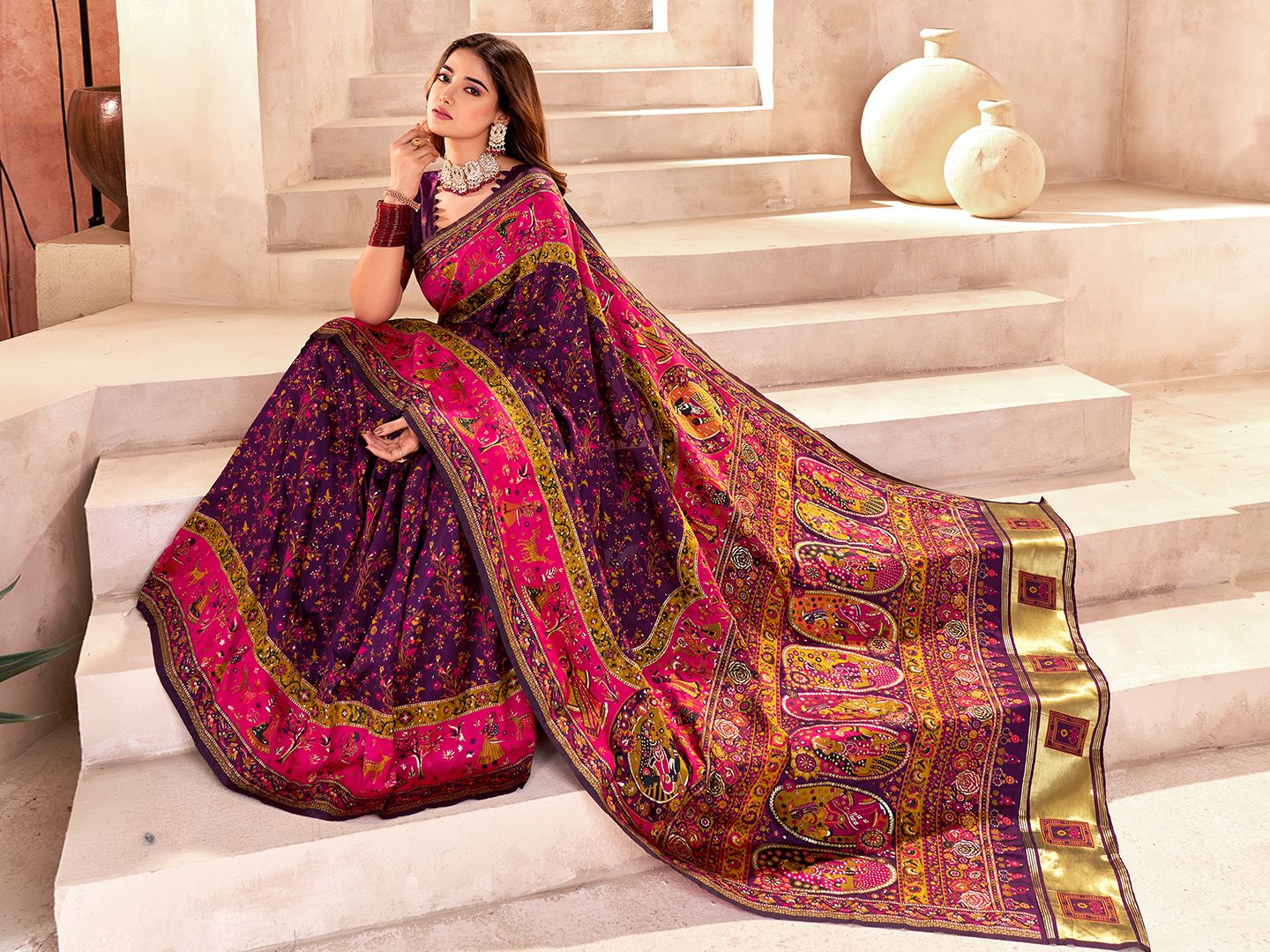 Snazzy Purple Nylon Dola Pashmina Saree With Resplendent Blouse Piece