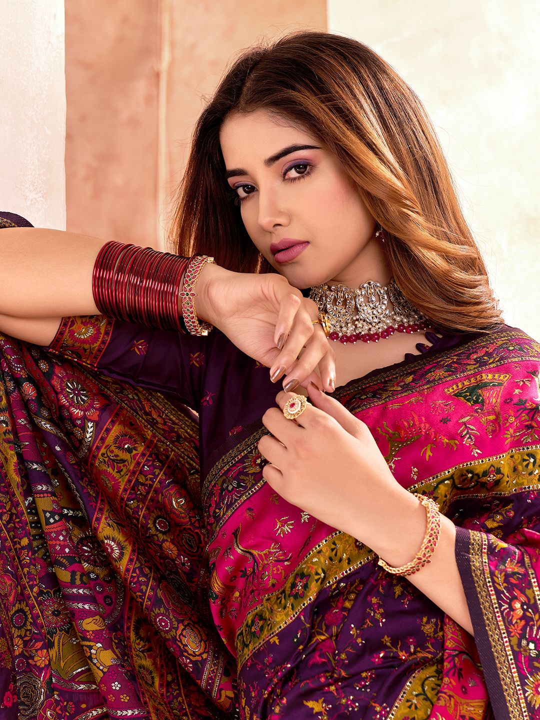 Snazzy Purple Nylon Dola Pashmina Saree With Resplendent Blouse Piece