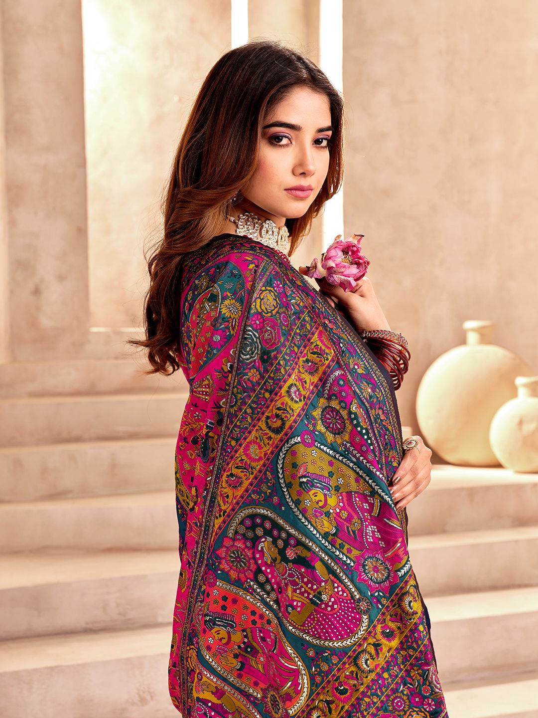 Skinny Rama Nylon Dola Pashmina Saree With Fragrant Blouse Piece