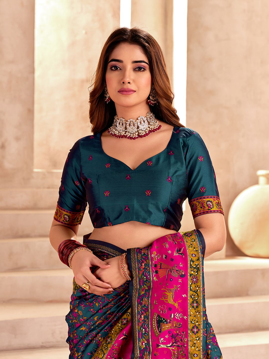 Skinny Rama Nylon Dola Pashmina Saree With Fragrant Blouse Piece