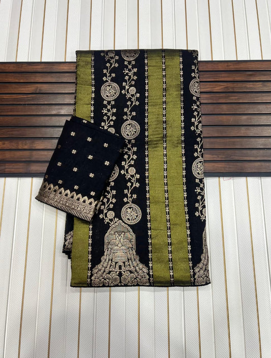 Outstanding Black Soft Banarasi Tissue Silk Saree With Glittering Blouse Piece