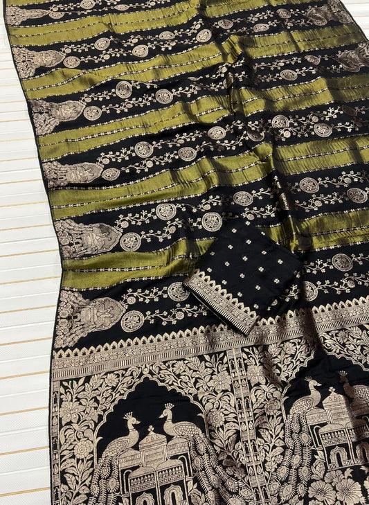 Outstanding Black Soft Banarasi Tissue Silk Saree With Glittering Blouse Piece