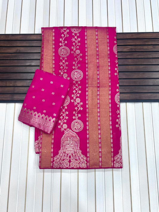 Smashing Dark Pink Soft Banarasi Tissue Silk Saree With Luminous Blouse Piece