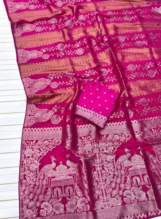 Smashing Dark Pink Soft Banarasi Tissue Silk Saree With Luminous Blouse Piece