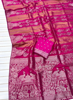 Smashing Dark Pink Soft Banarasi Tissue Silk Saree With Luminous Blouse Piece