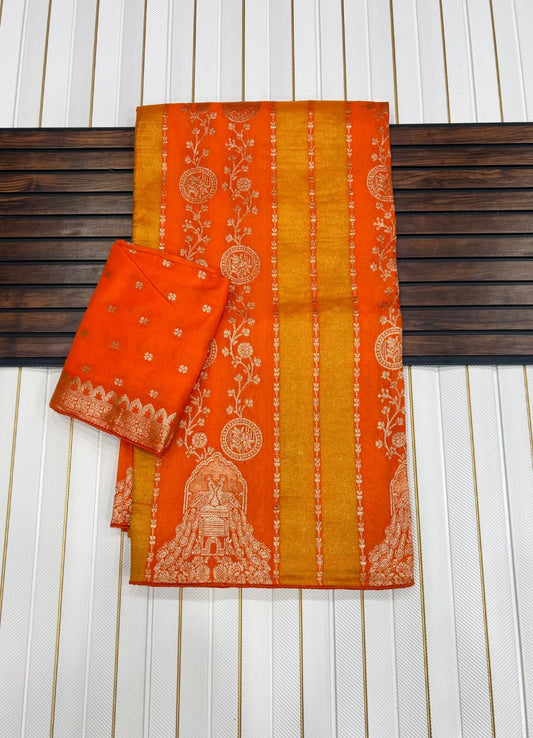 Sonorous Orange Soft Banarasi Tissue Silk Saree With Delightful Blouse Piece