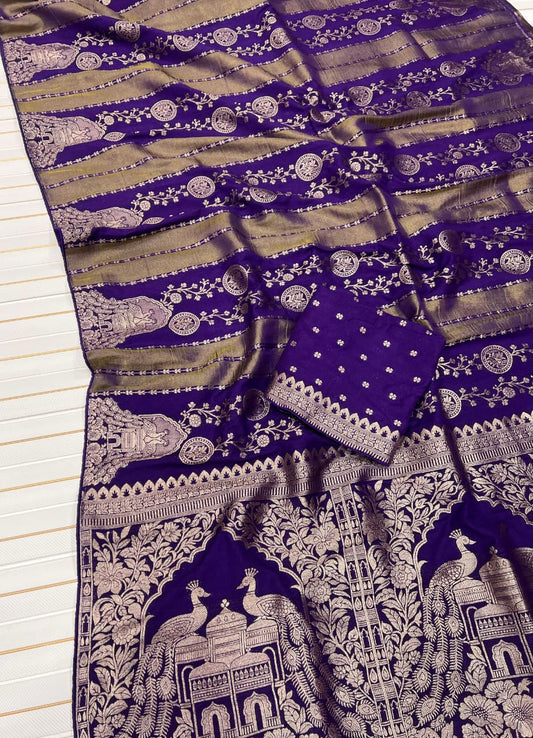 Luxuriant Purple Soft Banarasi Tissue Silk Saree With Epiphany Blouse Piece