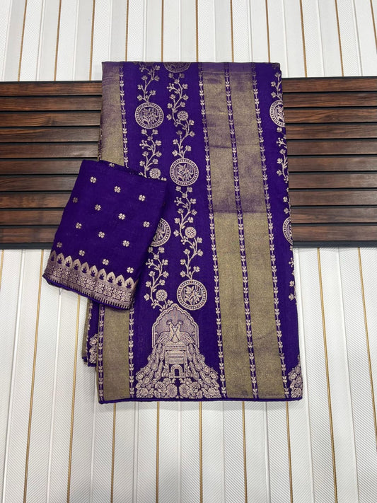 Luxuriant Purple Soft Banarasi Tissue Silk Saree With Epiphany Blouse Piece