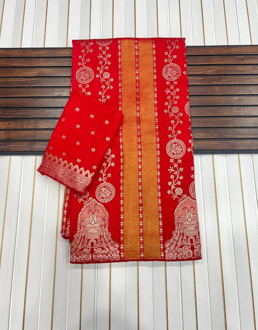Whimsical Red Soft Banarasi Tissue Silk Saree With Admirable Blouse Piece