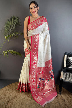 Deserving Beige Paithani Silk Saree With Dulcet Blouse Piece