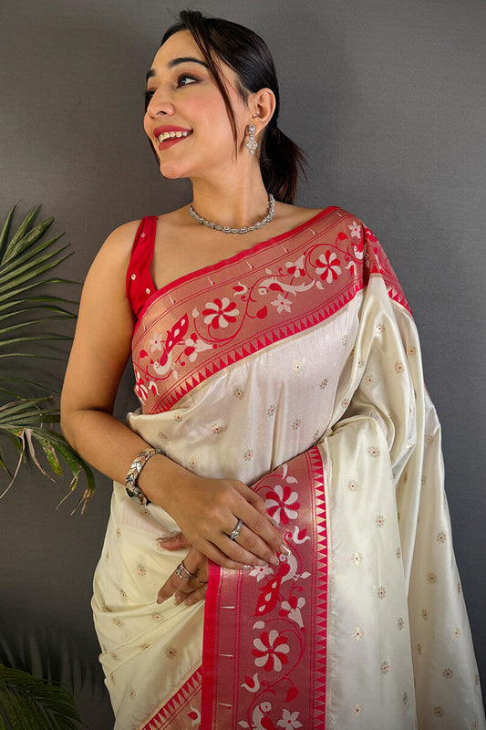 Deserving Beige Paithani Silk Saree With Dulcet Blouse Piece