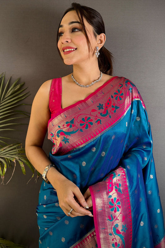 Intricate Blue Paithani Silk Saree With Energetic Blouse Piece