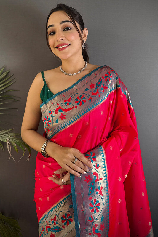 Pleasant Dark Pink Paithani Silk Saree With Enthralling Blouse Piece