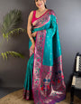 Divine Firozi Paithani Silk Saree With Blooming Blouse Piece