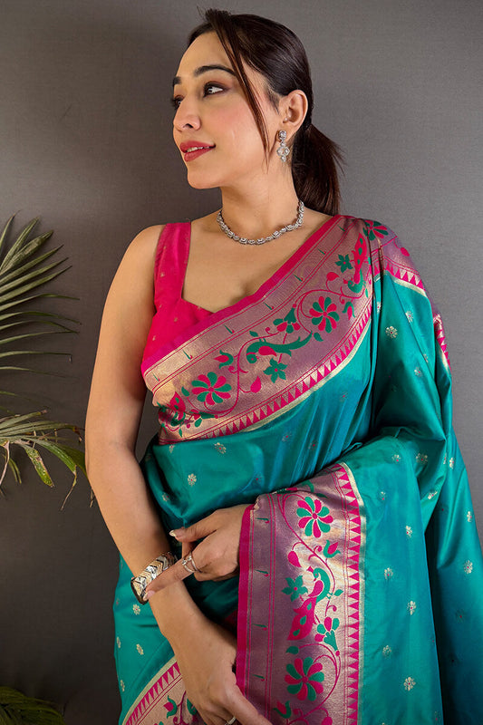 Divine Firozi Paithani Silk Saree With Blooming Blouse Piece