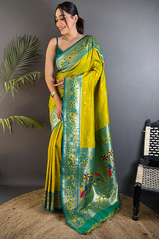 Delectable Mustard Paithani Silk Saree With Improbable Blouse Piece