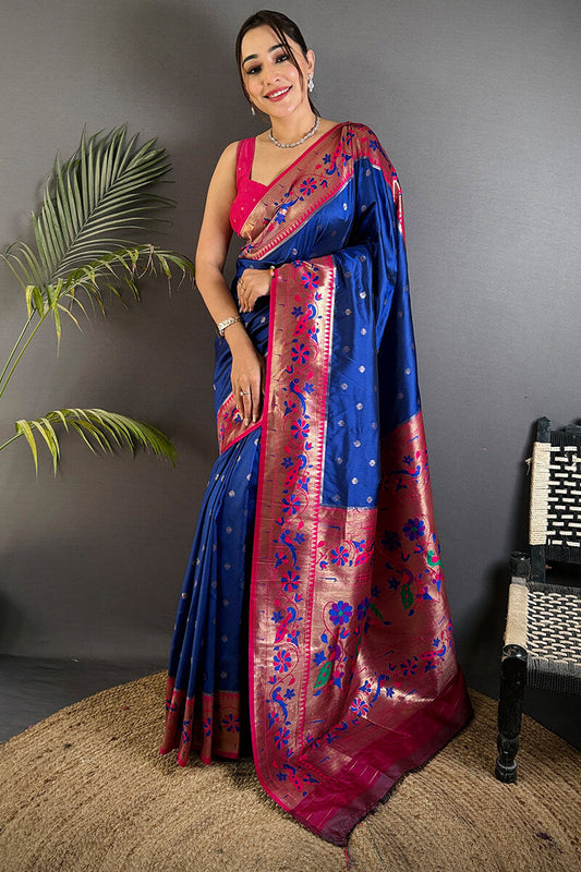Nebula Navy Blue Paithani Silk Saree With Adorable Blouse Piece