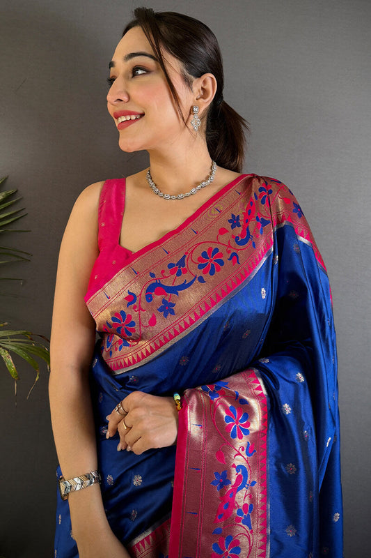 Nebula Navy Blue Paithani Silk Saree With Adorable Blouse Piece