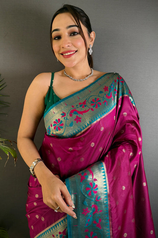Efflorescence Purple Paithani Silk Saree With Classic Blouse Piece