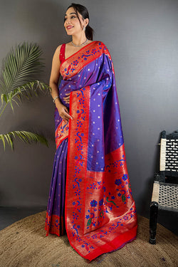 Exuberant Royal Purple Paithani Silk Saree With Ethnic Blouse Piece