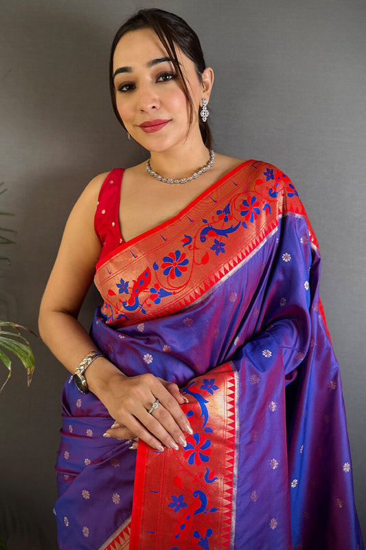 Exuberant Royal Purple Paithani Silk Saree With Ethnic Blouse Piece