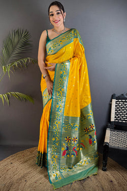 Opulent Yellow Paithani Silk Saree With Skinny Blouse Piece