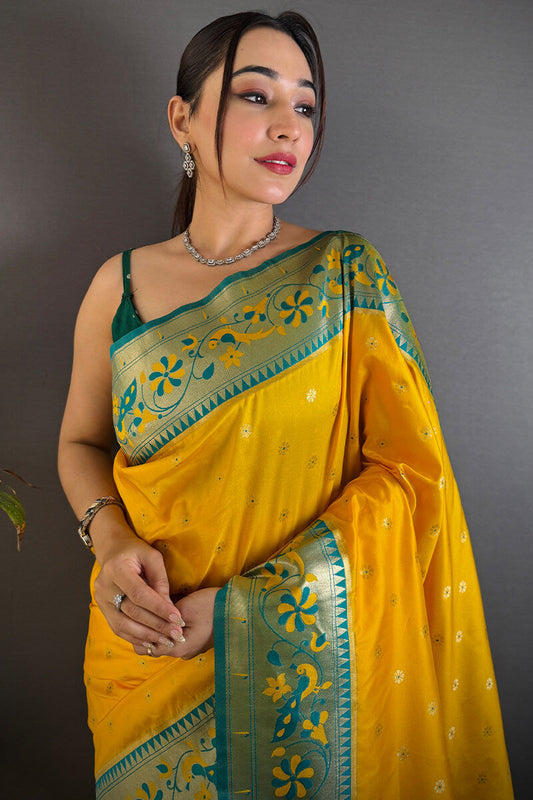 Opulent Yellow Paithani Silk Saree With Skinny Blouse Piece