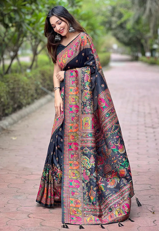 Classy Black Nylon Dola Pashmina Saree With Most Stunning Blouse Piece