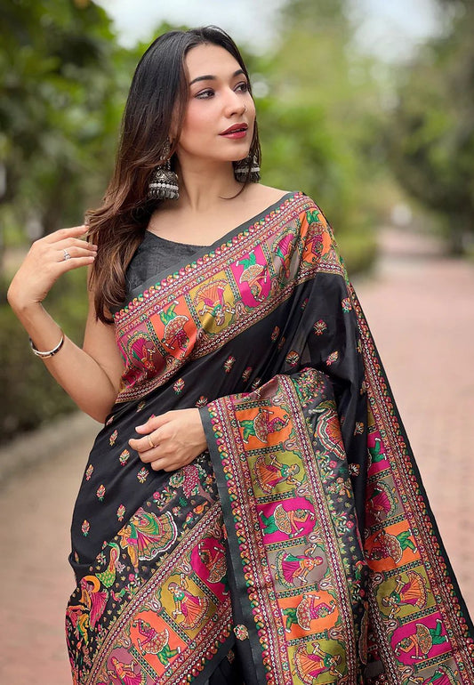Classy Black Nylon Dola Pashmina Saree With Most Stunning Blouse Piece