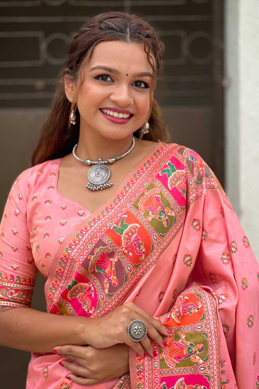 Majestic Pink Nylon Dola Pashmina Saree With Chatoyant Blouse Piece