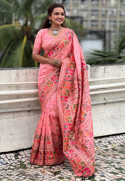 Majestic Pink Nylon Dola Pashmina Saree With Chatoyant Blouse Piece