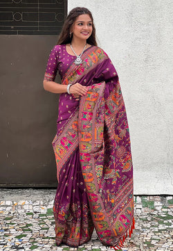 Embellished Purple Nylon Dola Pashmina Saree With Quixotic Blouse Piece