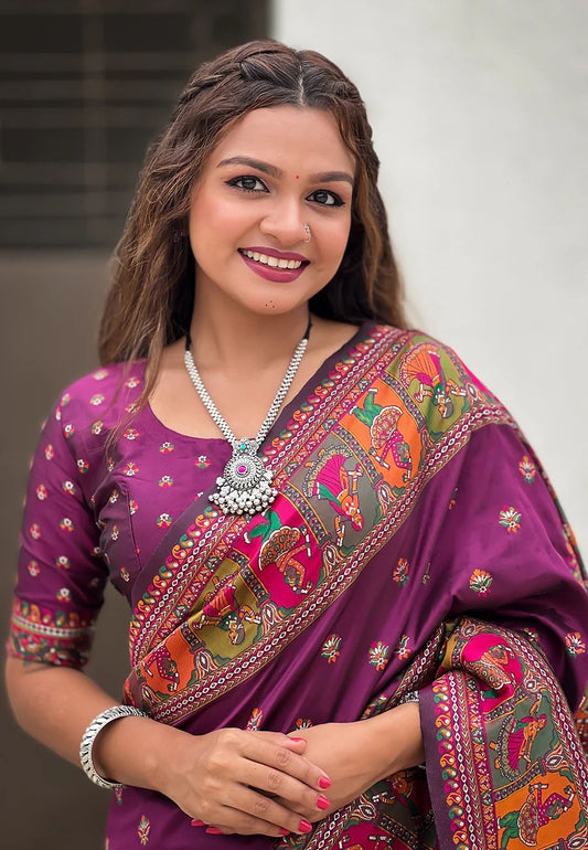 Embellished Purple Nylon Dola Pashmina Saree With Quixotic Blouse Piece